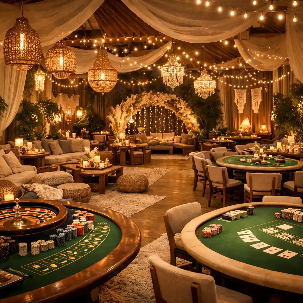 Atmosfera tematycznego eventu kasynowego z boho-chic scenografią i nastrojowym światłem