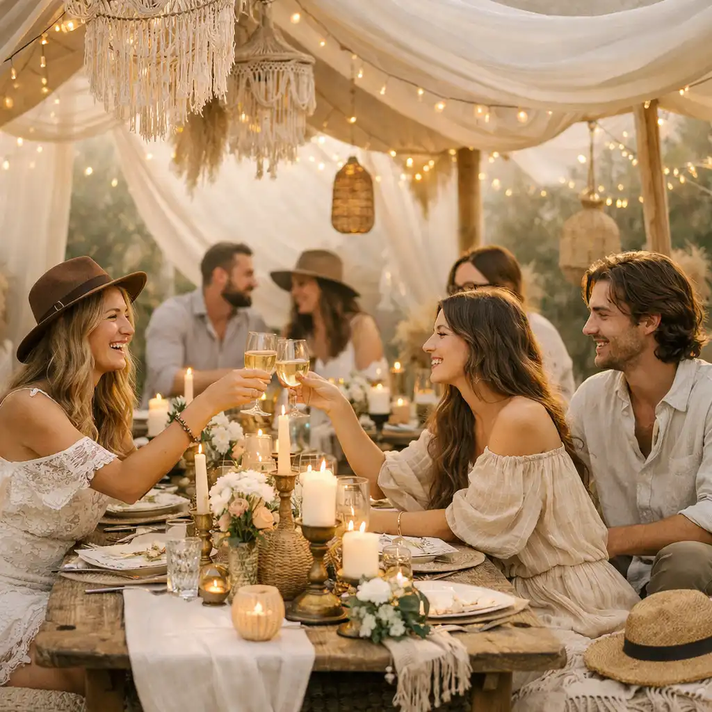 Boho chic przyjęcie z miękkim oświetleniem i naturalnymi dekoracjami