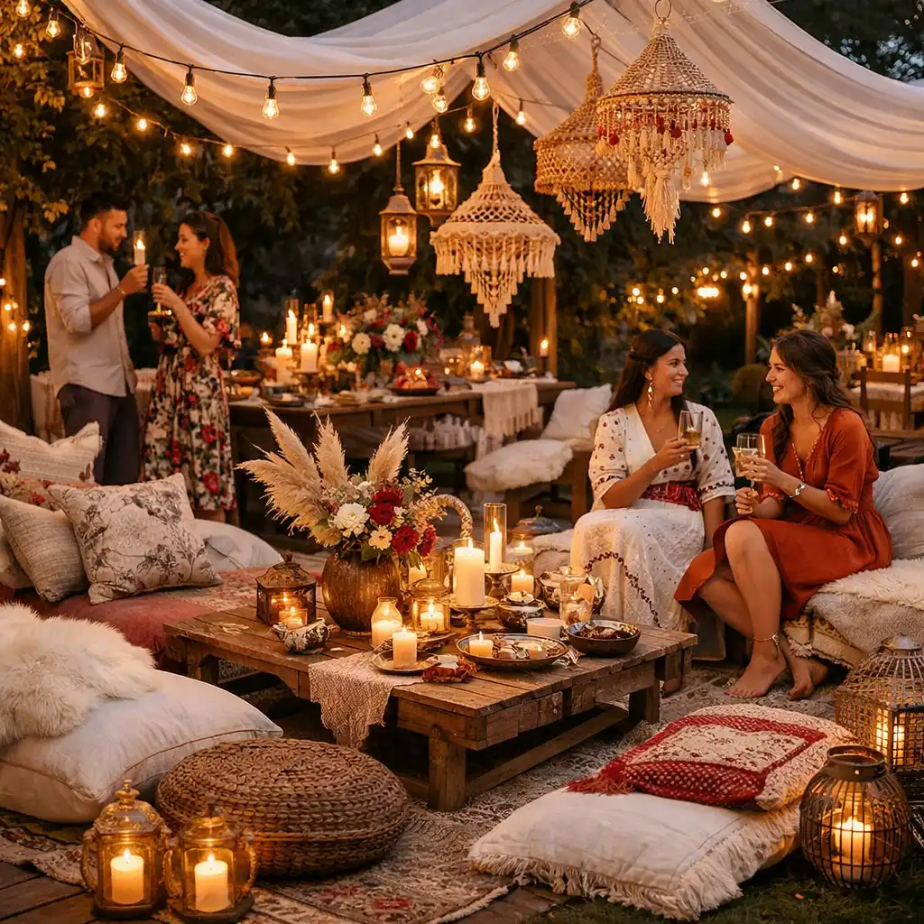 Boho przyjęcie plenerowe z ciepłym oświetleniem i strefami chilloutu