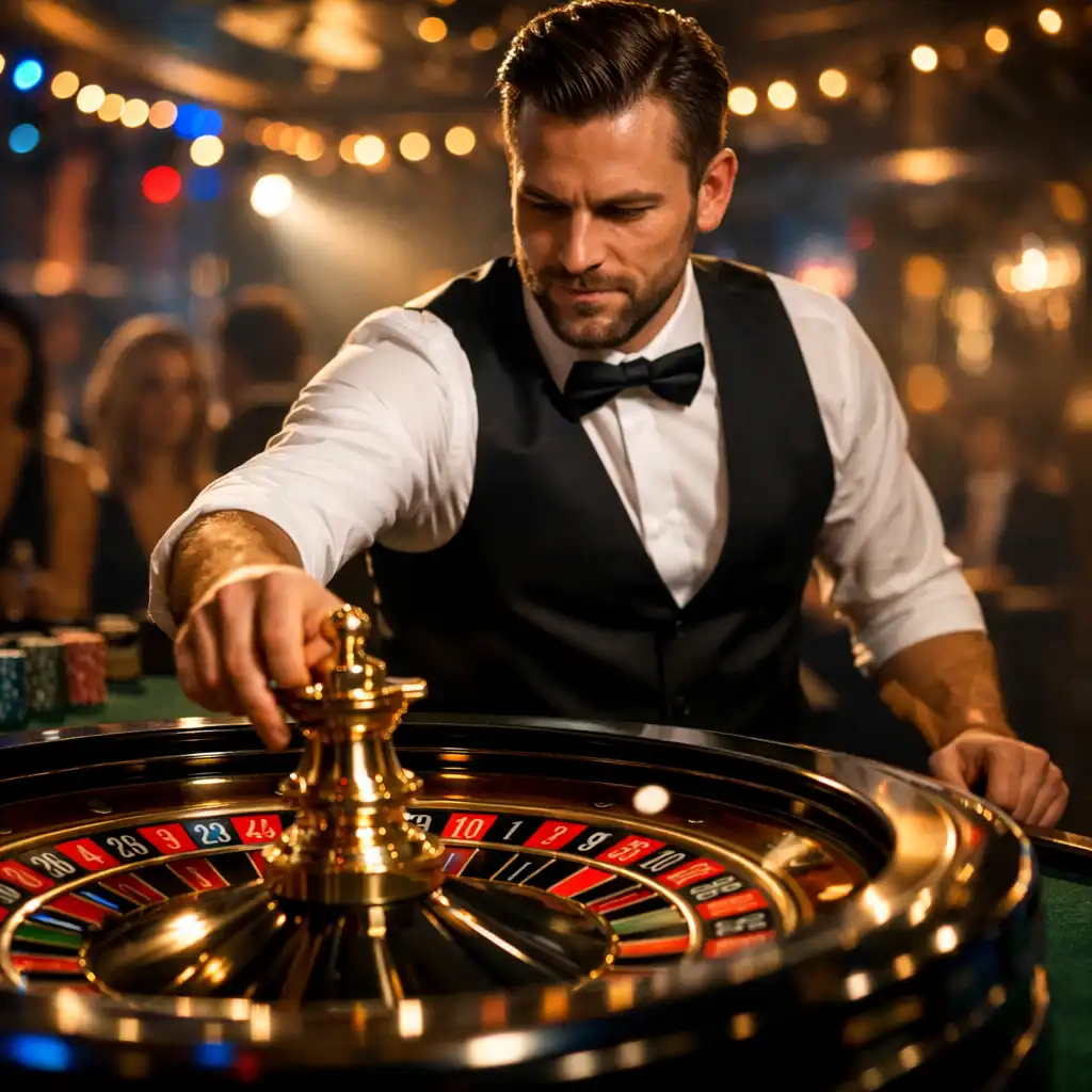 Profesjonalny krupier prowadzący grę w blackjacka na evencie