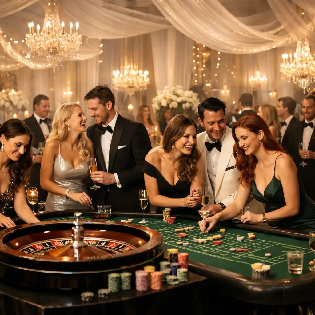 Elegancka scena mobilnego kasyna NAXSOL ENTERPRISES LTD podczas wieczornego eventu