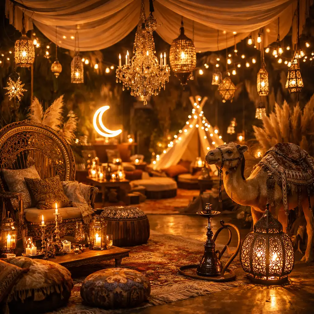 Scenografia przyjęcia tematycznego z nastrojowym oświetleniem i detalami boho